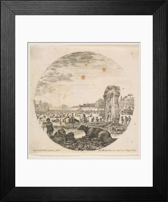 Framed Print : Plate 2: Campo Vaccino, a buffalo and two shepherds in center, the Fontanone to right Framed Print : Plate 2: Campo Vaccino, a buffalo and two shepherds in center, the Fontanone to right