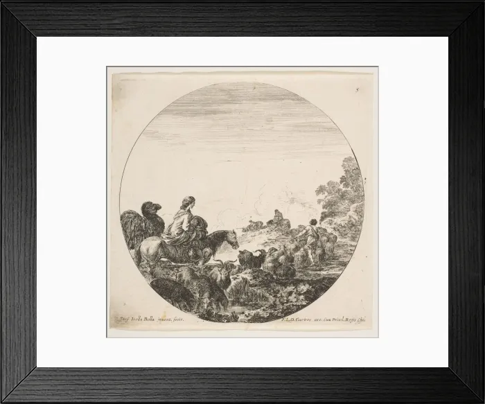 Framed Print : Plate 5: a woman carrying a child on a horse at left, a camel following her, a herd of Framed Print : Plate 5: a woman carrying a child on a horse at left, a camel following her, a herd of
