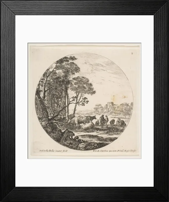 Framed Print : Plate 4: a Corinthian capital on the ground at left, a monument with figures in low re Framed Print : Plate 4: a Corinthian capital on the ground at left, a monument with figures in low re