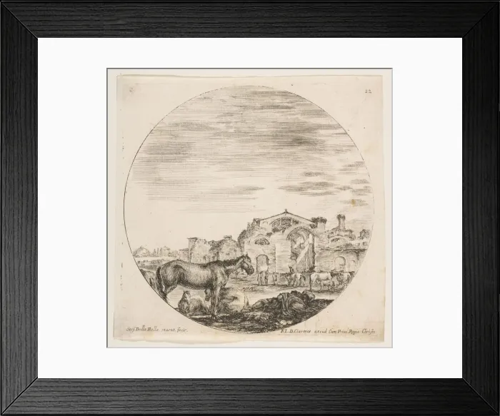 Framed Print : Plate 12: a shepherd sleeping on the ground at right, three horses at left, other hors Framed Print : Plate 12: a shepherd sleeping on the ground at right, three horses at left, other hors