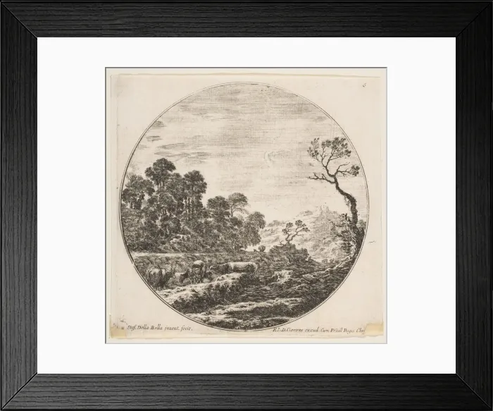 Framed Print : Plate 6: cows crossing a valley at left, a horseman and other cows in the background Framed Print : Plate 6: cows crossing a valley at left, a horseman and other cows in the background