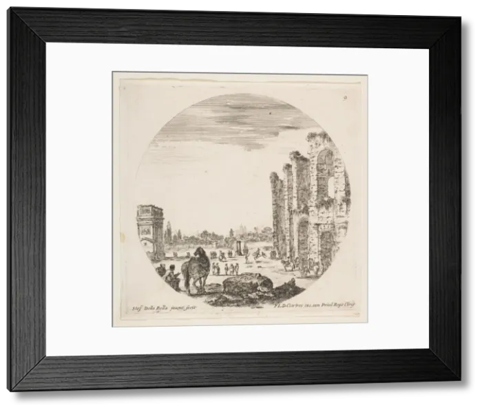 Framed Print : Plate 9: the Arch of Constantine at left, part of the Colosseum at right, various hors Framed Print : Plate 9: the Arch of Constantine at left, part of the Colosseum at right, various hors