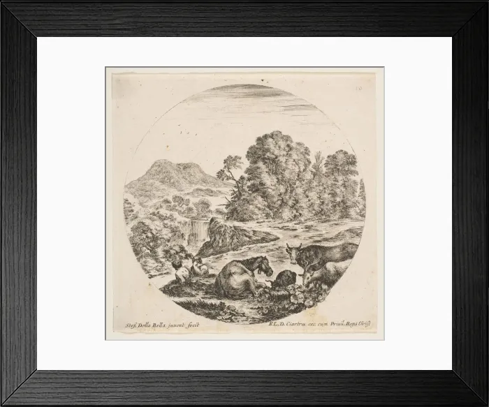Framed Print : Plate 10: a horse lying down at center, a cow and two goats at right, two seated sheph Framed Print : Plate 10: a horse lying down at center, a cow and two goats at right, two seated sheph