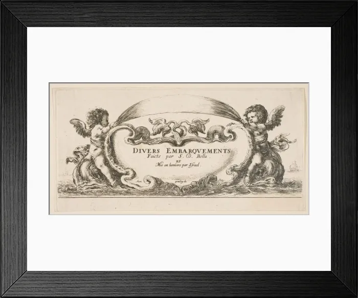 Framed Print : Frontispiece: cartouche at center, putti on either side riding on dolphins, from V Framed Print : Frontispiece: cartouche at center, putti on either side riding on dolphins, from V
