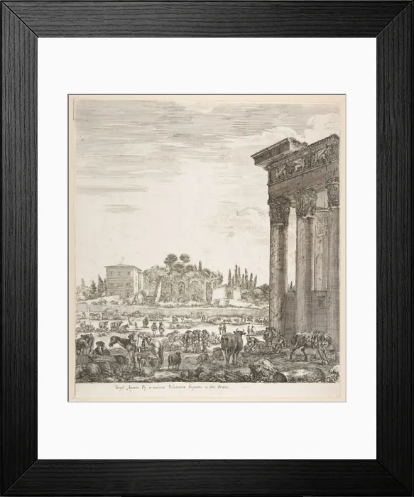 Framed Print : The columns of the Temple of Antoninus to right, a part of the Campo Vaccino in center Framed Print : The columns of the Temple of Antoninus to right, a part of the Campo Vaccino in center