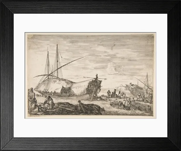 Framed Print : A galley covered in sails to left, six cannons and four people to left in foreground Framed Print : A galley covered in sails to left, six cannons and four people to left in foreground