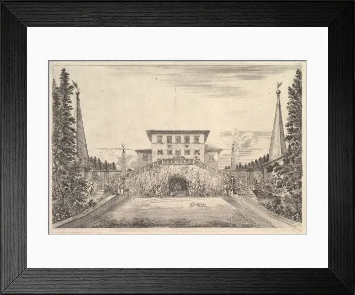 Framed Print : The villa at center flanked by four obelisks, a staircase to either side, a statue in