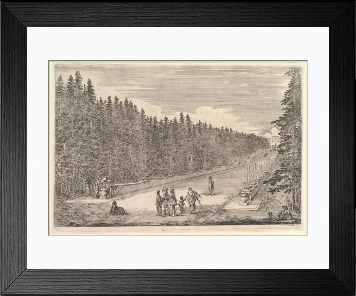 Framed Print : An alley of fountains, a group of people in center, a man and dog seated to right, two Framed Print : An alley of fountains, a group of people in center, a man and dog seated to right, two