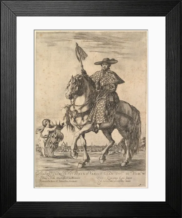 Framed Print : Bernardino Ricci, called il Tedeschino, atop a horse in center, riding towards the left Framed Print : Bernardino Ricci, called il Tedeschino, atop a horse in center, riding towards the left