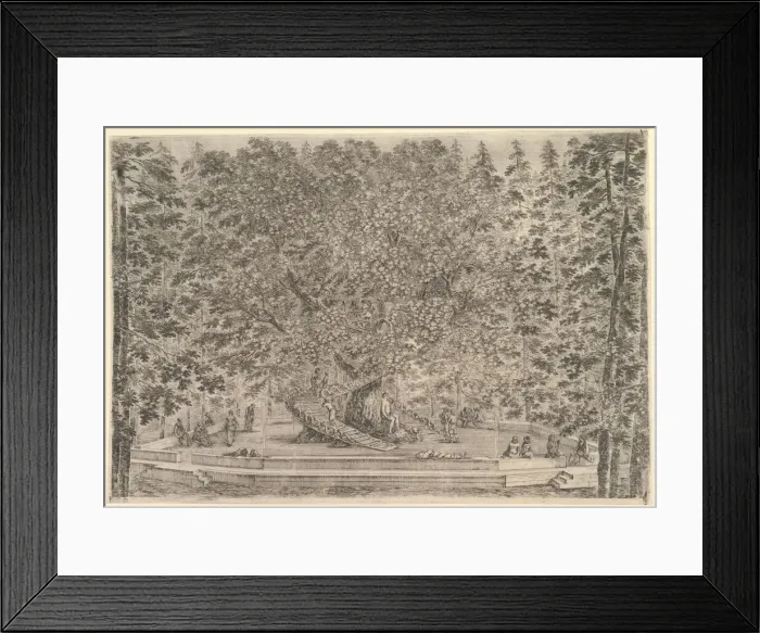 Framed Print : A large inhabited tree in center with ramps leading around the trunk, below a stone pa Framed Print : A large inhabited tree in center with ramps leading around the trunk, below a stone pa