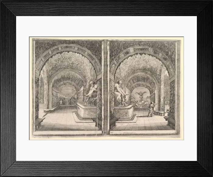 Framed Print : Two views of a grotto, both views with a fountain with a seated statue, seen from Framed Print : Two views of a grotto, both views with a fountain with a seated statue, seen from