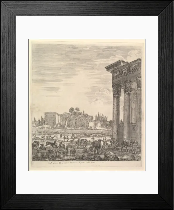 Framed Print : The columns of the Temple of Antoninus to right, a part of the Campo Vaccino in center Framed Print : The columns of the Temple of Antoninus to right, a part of the Campo Vaccino in center