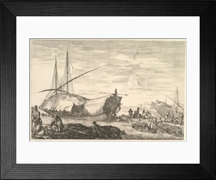 Framed Print : A galley covered in sails to left, six cannons and four people to left in foregroun Framed Print : A galley covered in sails to left, six cannons and four people to left in foregroun