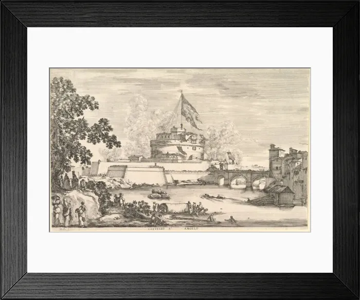 Framed Print : View of the Tiber river, a large tree to left, two groups of women to left in the fore Framed Print : View of the Tiber river, a large tree to left, two groups of women to left in the fore