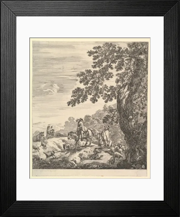 Framed Print : Two horsemen pass a flock, riding towards the left, a peasant woman and a young boy to Framed Print : Two horsemen pass a flock, riding towards the left, a peasant woman and a young boy to