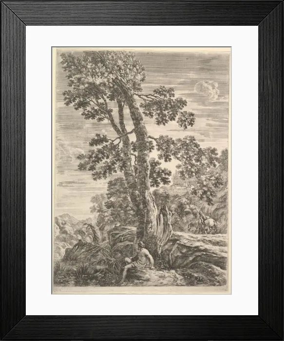 Framed Print : A fisherman at center facing left and leaning against a large tree, a woman walking Framed Print : A fisherman at center facing left and leaning against a large tree, a woman walking