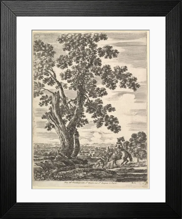 Framed Print : A woman on horseback seen from behind descending a hill to the right, a large tree