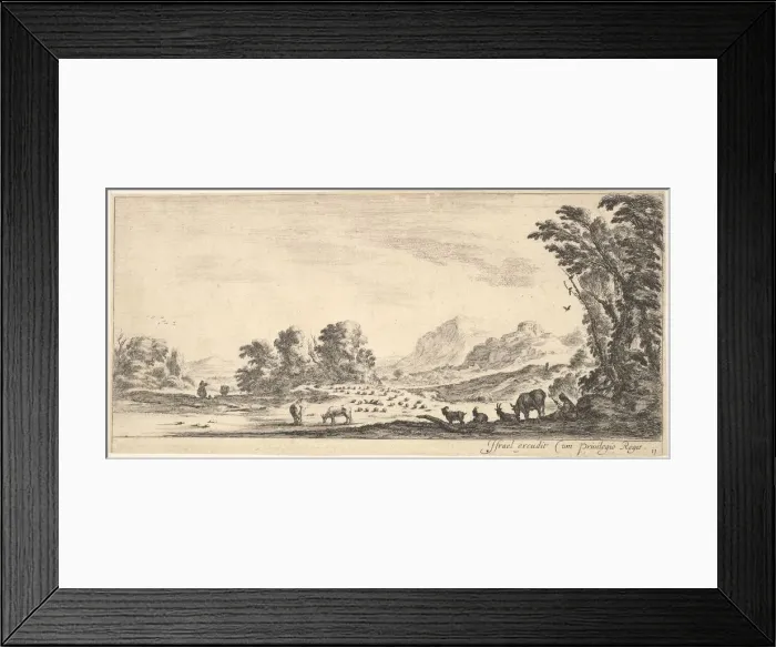 Framed Print : Plate 11: shepherdess seated to the right under a tree, watching her flock to the left Framed Print : Plate 11: shepherdess seated to the right under a tree, watching her flock to the left