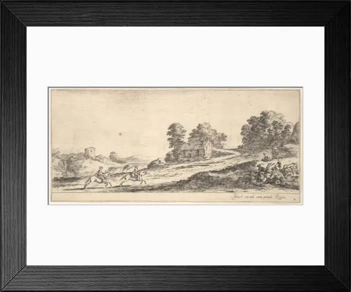 Framed Print : Plate 9: two horsemen at left galloping uphill towards the right, a horse and seated m Framed Print : Plate 9: two horsemen at left galloping uphill towards the right, a horse and seated m