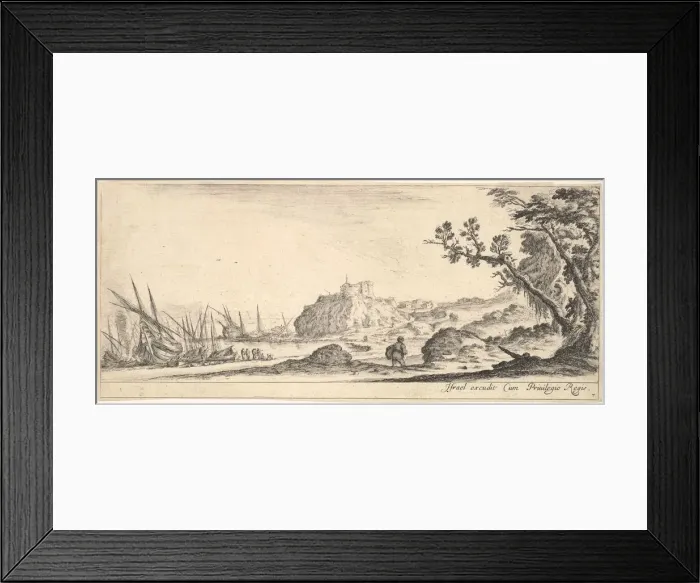 Framed Print : Plate 7: various boats on shore to left, a man carrying a bag, seen from behind and wa Framed Print : Plate 7: various boats on shore to left, a man carrying a bag, seen from behind and wa
