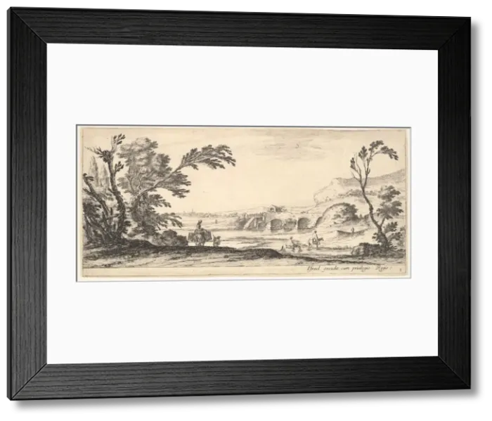 Framed Print : Plate 3: two horsemen crossing a river to right, a woman with two baskets atop a donke Framed Print : Plate 3: two horsemen crossing a river to right, a woman with two baskets atop a donke