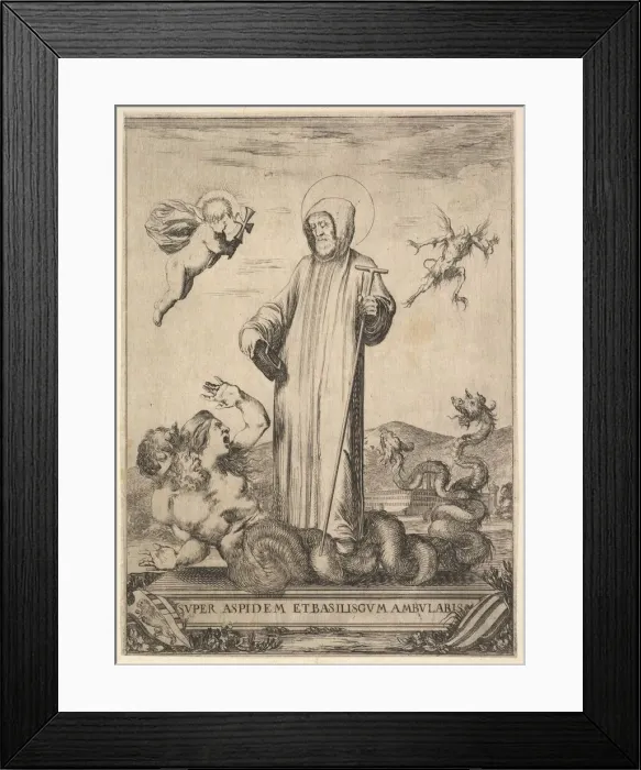 Framed Print : Saint Jean Gualbert trampling a monster with two human heads and a serpentine body Framed Print : Saint Jean Gualbert trampling a monster with two human heads and a serpentine body