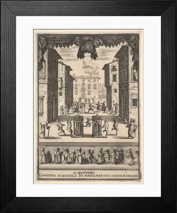 Framed Print : Frontispiece for the comedy The Buffoons (Li Buffoni), a set on stage resembling a pu Framed Print : Frontispiece for the comedy The Buffoons (Li Buffoni), a set on stage resembling a pu