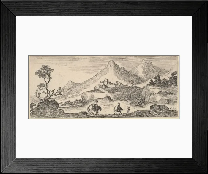 Framed Print : Two horseman descend a hill in center, following another man on foot, a castle in Framed Print : Two horseman descend a hill in center, following another man on foot, a castle in