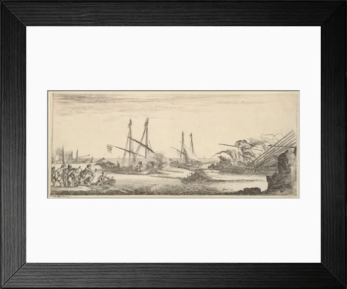 Framed Print : A naval battle, a rowboat full of men to left, a sinking ship to right, two galleys ba Framed Print : A naval battle, a rowboat full of men to left, a sinking ship to right, two galleys ba