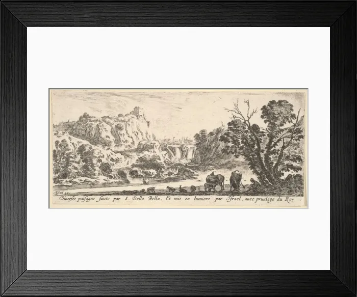 Framed Print : A waterfall descending from the mountains in the center background, various animals an Framed Print : A waterfall descending from the mountains in the center background, various animals an