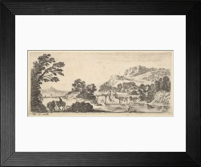 Framed Print : A mule carrying a woman and a peasant walking with a mule to left, a fisherman to righ Framed Print : A mule carrying a woman and a peasant walking with a mule to left, a fisherman to righ