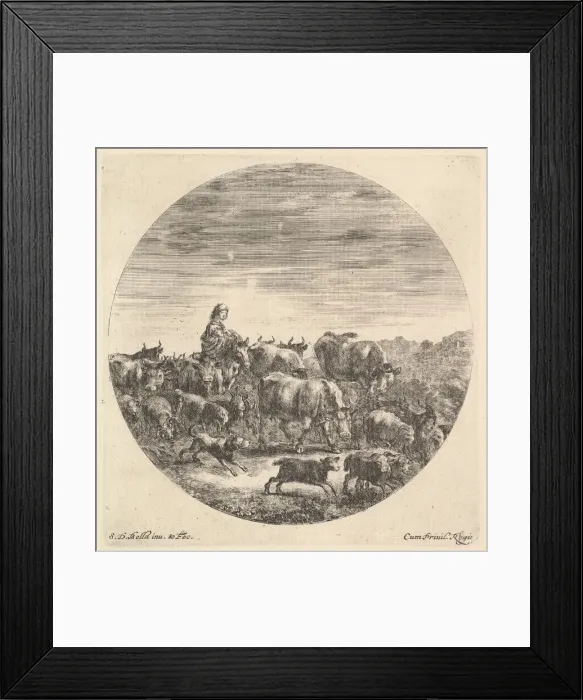 Framed Print : A peasant woman seated on a horse to left, facing right, surrounded by a herd of fc Framed Print : A peasant woman seated on a horse to left, facing right, surrounded by a herd of fc