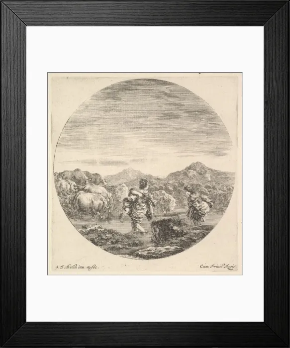 Framed Print : A woman carrying a child in center, seen from behind, another woman to right, facin Framed Print : A woman carrying a child in center, seen from behind, another woman to right, facin