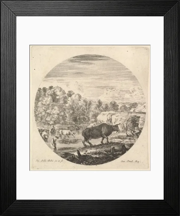 Framed Print : Two cows in center, followed by two peasant women and other cows in the river to le Framed Print : Two cows in center, followed by two peasant women and other cows in the river to le
