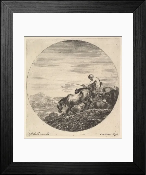 Framed Print : A shepherd at right, facing left, driving a group of animals downhill, a round comp Framed Print : A shepherd at right, facing left, driving a group of animals downhill, a round comp