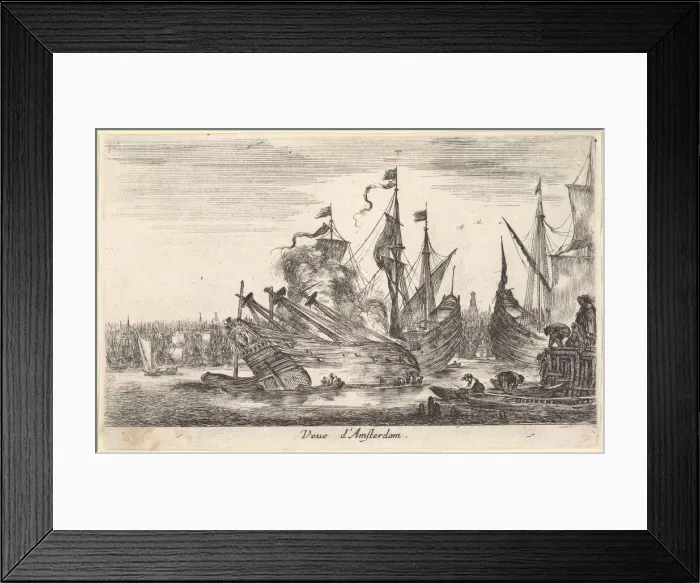 Framed Print : View of the Amsterdam seaport (Veue d Amsterdam), men in rowboats work on a ship in Framed Print : View of the Amsterdam seaport (Veue d Amsterdam), men in rowboats work on a ship in
