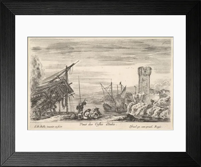 Framed Print : View of the coast of Italy (Veue des Costes d Italie), the bow of a ship resting to left Framed Print : View of the coast of Italy (Veue des Costes d Italie), the bow of a ship resting to left