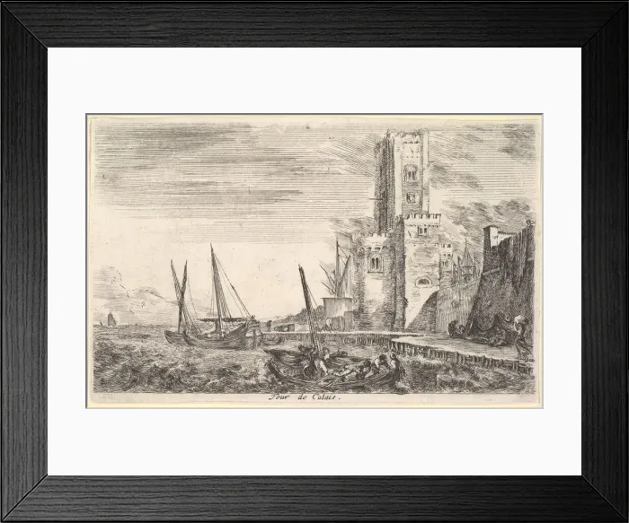 Framed Print : Tower of Calais (Tour de Calais), tower to right, two ships in the sea to left Framed Print : Tower of Calais (Tour de Calais), tower to right, two ships in the sea to left