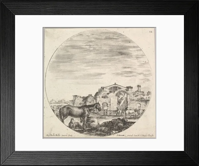 Framed Print : Plate 12: a shepherd sleeping on the ground to right, three horses to left, other h Framed Print : Plate 12: a shepherd sleeping on the ground to right, three horses to left, other h