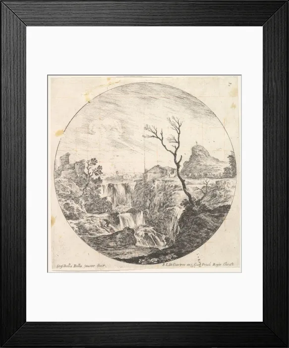Framed Print : Plate 7: a triple waterfall, a dead tree to right, a mountain and a herd of cows to Framed Print : Plate 7: a triple waterfall, a dead tree to right, a mountain and a herd of cows to