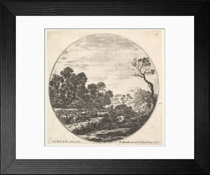 Framed Print : Plate 6: cows crossing a valley to left, a group of trees to left, a horseman and o Framed Print : Plate 6: cows crossing a valley to left, a group of trees to left, a horseman and o