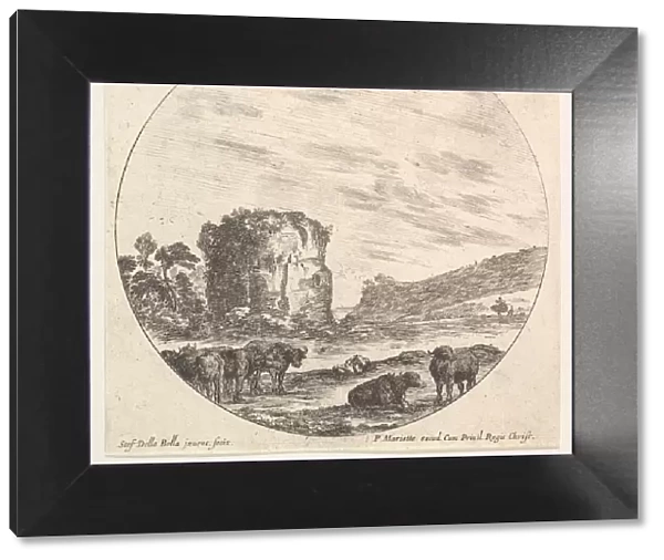 Plate 13: ruins of an ancient temple in the background, a herd of cows in the foreg
