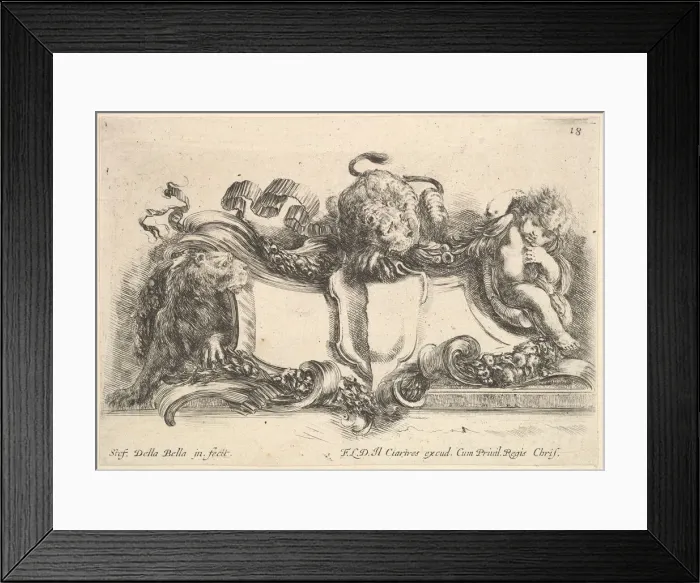 Framed Print : Plate 18: a cartouche containing an empty crest, two lionesses