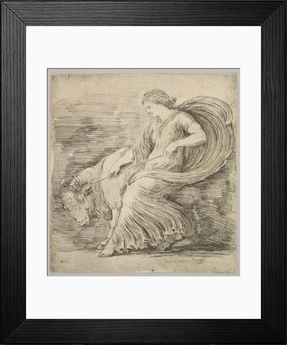 Framed Print : A woman in profile pulling back on a rope tied around the horns of a young bull, ca. 1660 Framed Print : A woman in profile pulling back on a rope tied around the horns of a young bull, ca. 1660