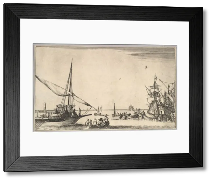Framed Print : A galley arriving at port to left, several rowboats in center, ships at port to right Framed Print : A galley arriving at port to left, several rowboats in center, ships at port to right