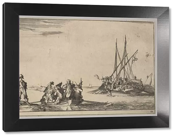 A rowboat full of men in center, a group of men standing on shore at left
