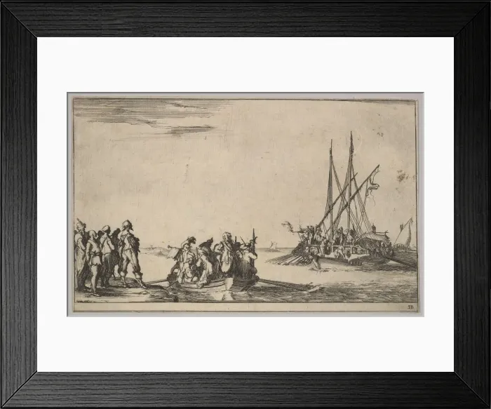 Framed Print : A rowboat full of men in center, a group of men standing on shore at left Framed Print : A rowboat full of men in center, a group of men standing on shore at left