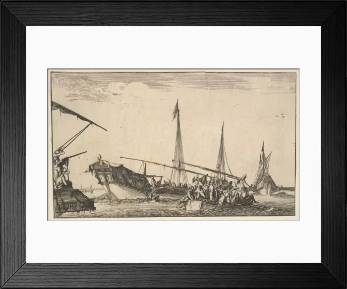 Framed Print : A rowboat full of men at right, a ship with men descending into a rowboat behind to left