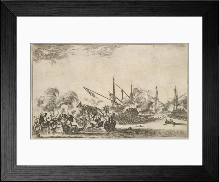 Framed Print : Combat between several rowboats and ships, two groups of men in rowboats fighting to left Framed Print : Combat between several rowboats and ships, two groups of men in rowboats fighting to left