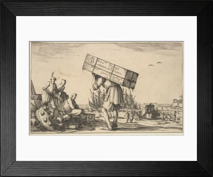 Framed Print : Title page: a man carrying a case on his back in center Framed Print : Title page: a man carrying a case on his back in center